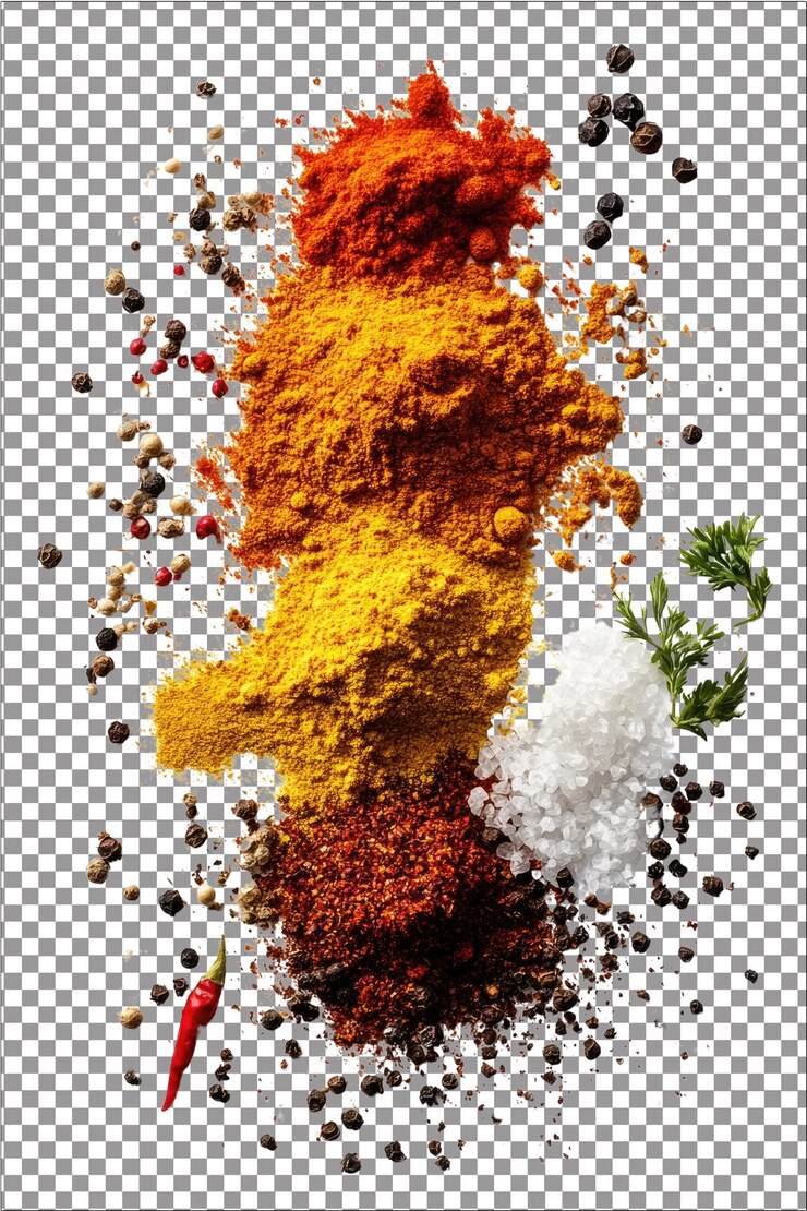 Polvo de curry Una mezcla de especias para asar carnes y verduras hiperrealista Plana blanca aislada