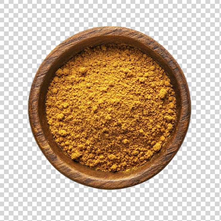 PSD el polvo de curry en la vista superior del cuenco de madera aislado en un fondo transparente