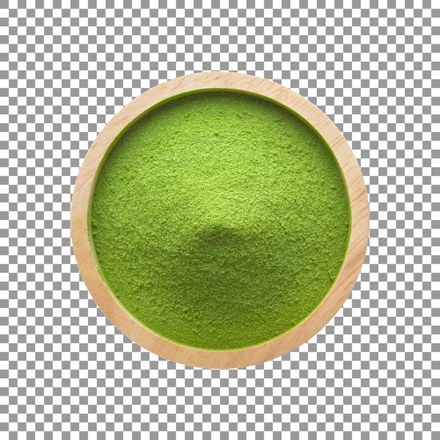 Polvo de matcha verde fresco en un cuenco de madera con fondo transparente