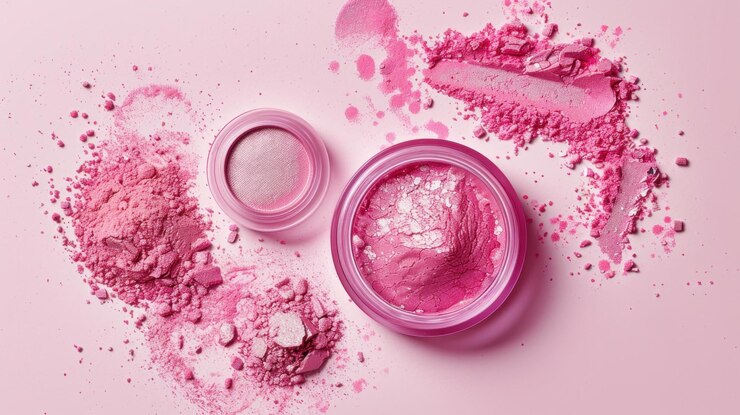 PSD polvos cosméticos rosados y sombras de ojos derramados sobre un fondo rosado