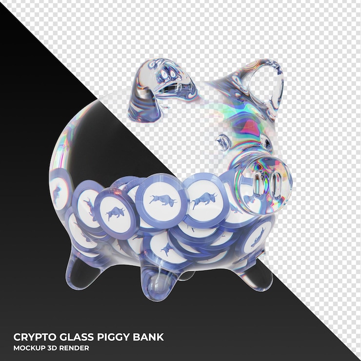 PSD polymath poly glass piggy bank with crypto coins 3d illustration