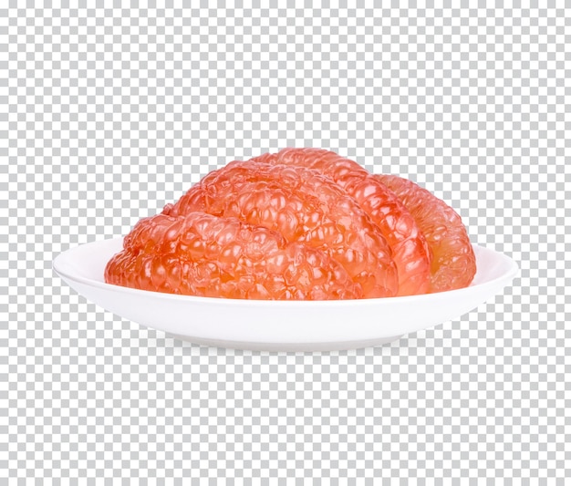 Pomelo pelado en un plato blanco aislado premium psd