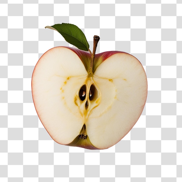 une pomme coupée avec une feuille verte dessus