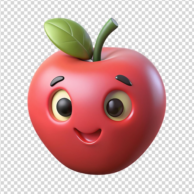PSD pomme rouge souriante en dessin animé 3d avec une feuille verte isolée sur un fond transparent
