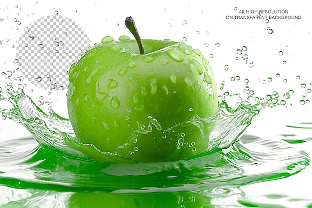 PSD pomme verte dans un éclaboussure de jus de pomme sur un fond transparent