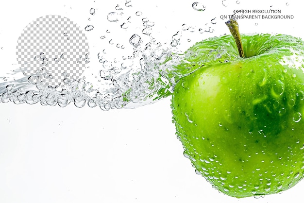 PSD pomme verte dans un éclaboussure de jus de pomme sur un fond transparent