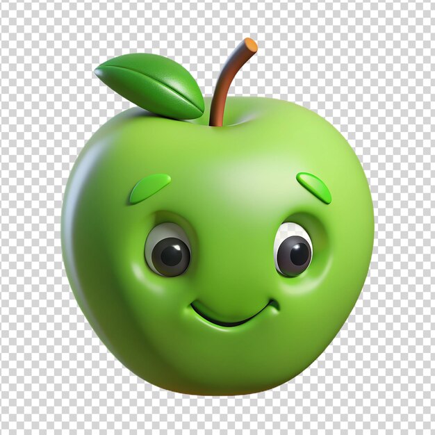 PSD pomme verte de dessin animé 3d souriante avec une feuille verte isolée sur un fond transparent