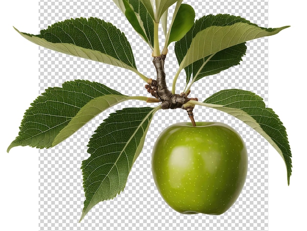 une pomme verte est sur une branche avec des feuilles et une feuille