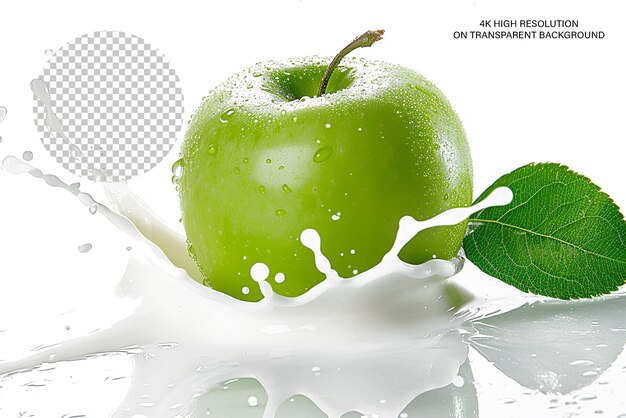 PSD pomme verte avec feuille et éclaboussure de lait isolée sur un fond transparent