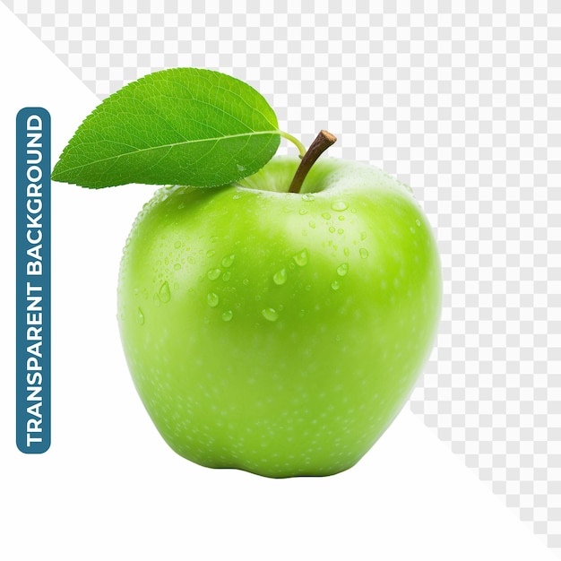 Pomme verte fraîche avec feuille et gouttes d'eau fond transparent