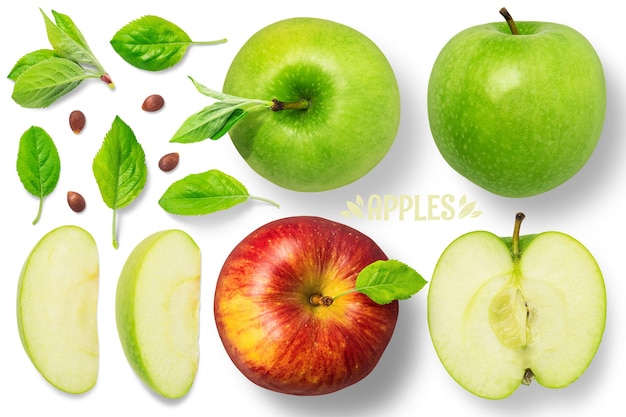 PSD une pomme verte et une pomme rouge avec le mot pommes dessus