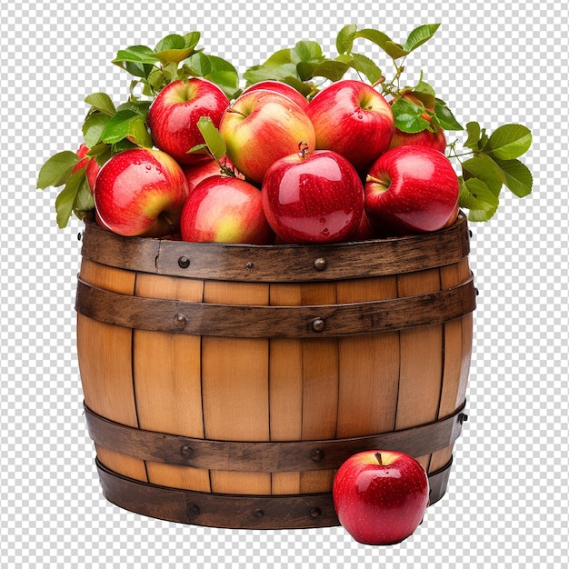 PSD des pommes dans un baril de bois isolées sur un fond transparent