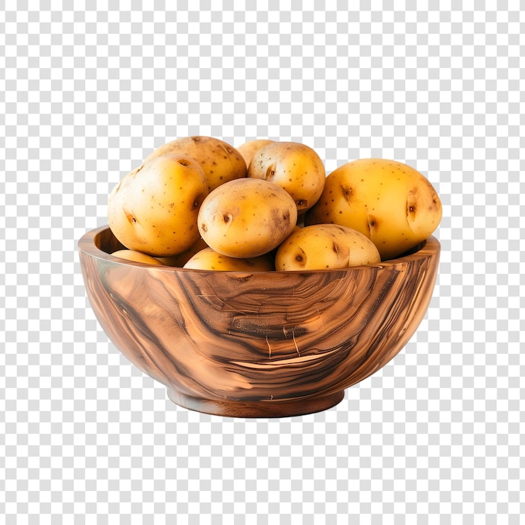 PSD des pommes de terre crues dans un bol en bois sur un fond transparent