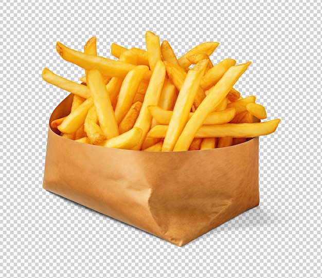 PSD des pommes de terre frites dans un sac en papier coupées sur du papier transparent