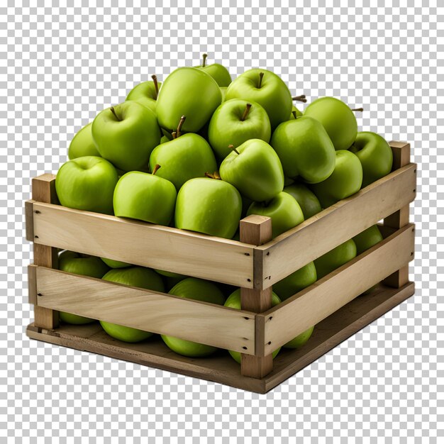 PSD pommes vertes dans une boîte en bois isolées sur un fond transparent