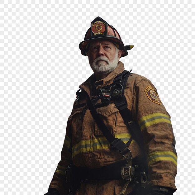 un pompier portant un uniforme de pompier se tient devant un fond à carreaux