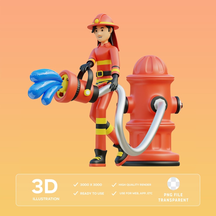 PSD pompiera della psd che spruzza attraverso l'idrante illustrazione 3d