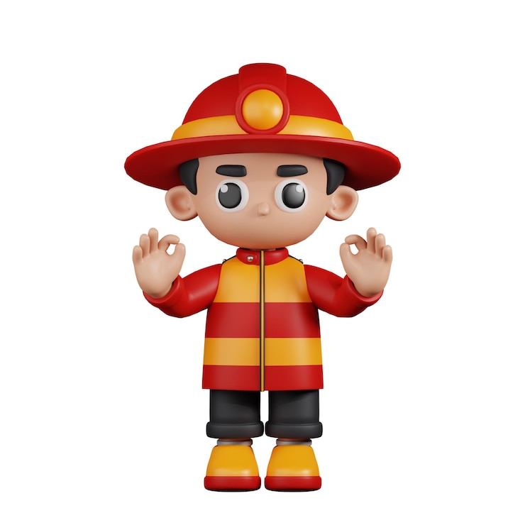 PSD pompiere del personaggio 3d che dà la posa giusta di gesto di mano