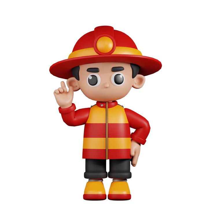 PSD pompiere del personaggio 3d che punta verso l'alto posa