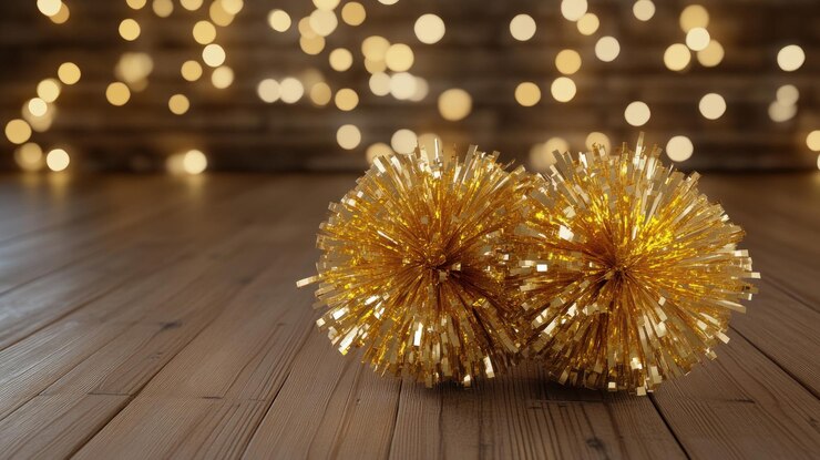 PSD pompones dorados en un piso de madera con luces bokeh