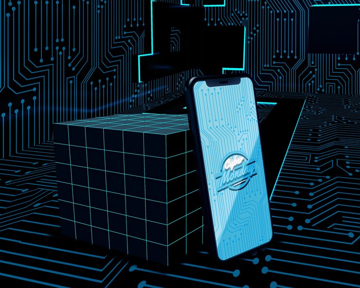 PSD ponsel cyber monday dengan latar belakang futuristik