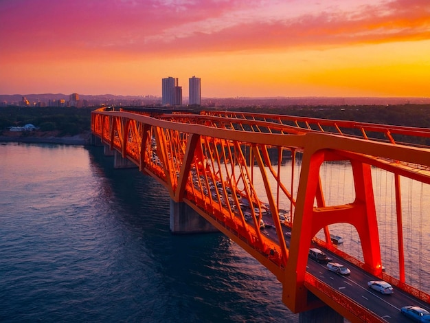 PSD un pont rouge avec un coucher de soleil en arrière-plan