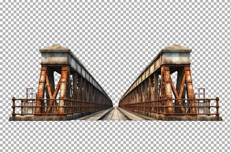 PSD ponte rústica se estendendo sobre águas calmas em uma paisagem urbana abandonada ao anoitecer em fundo branco ou transparente de png