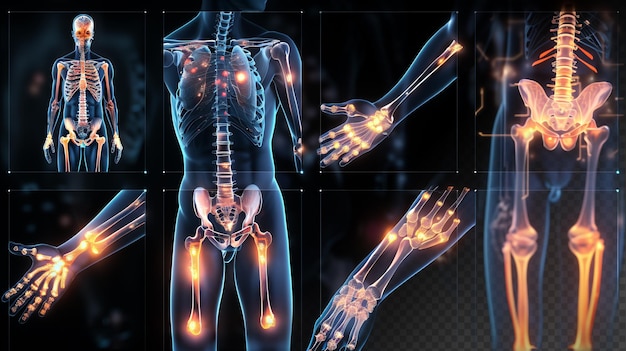 Pontos de dor nas articulações do corpo humano Diagrama de fluxo de artrite Esqueleto azul