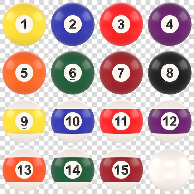 Poolbälle mit Zahlensammlung isoliert auf weißem Hintergrund Realistische glänzende Snookerkugel 3D