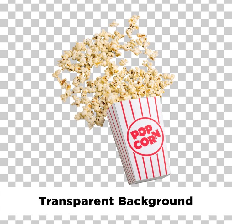 PSD popcorn em uma caixa listrada vermelha e branca com um fundo transparente