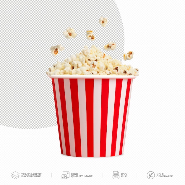 Popcorn in einem rot-weißen gestreiften Eimer, isoliert auf durchsichtigem Hintergrund