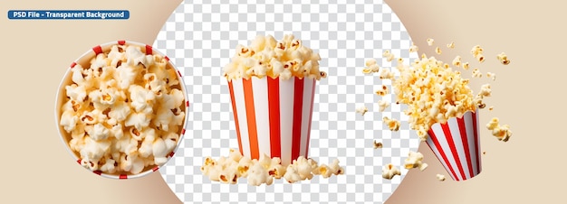 Popcorn voador e balde de popcorn em perspectiva superior e lateral