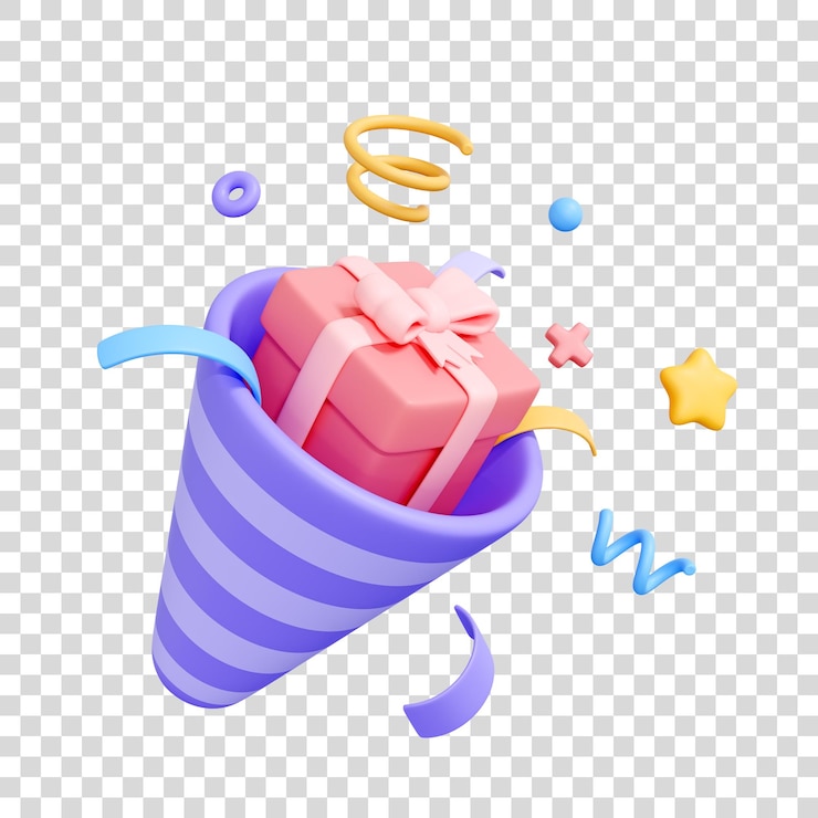 PSD popper de fiesta con una caja de regalos rosa en el interior rodeada de confeti y serpentinas