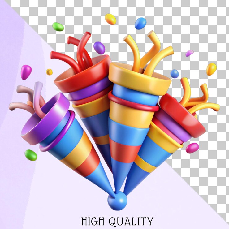 PSD poppers de fiesta en 3d coloridos con ilustraciones de confeti