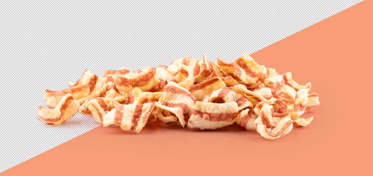 PSD porção de vários pedaços de lanches de trigo com sabor a bacon na frente e perto de um fundo transparente