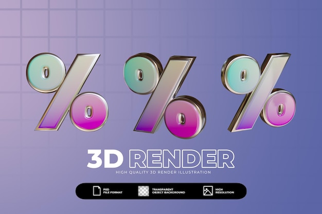 Porcentaje de efecto degradado de render 3d o conjunto de iconos de marca de descuento