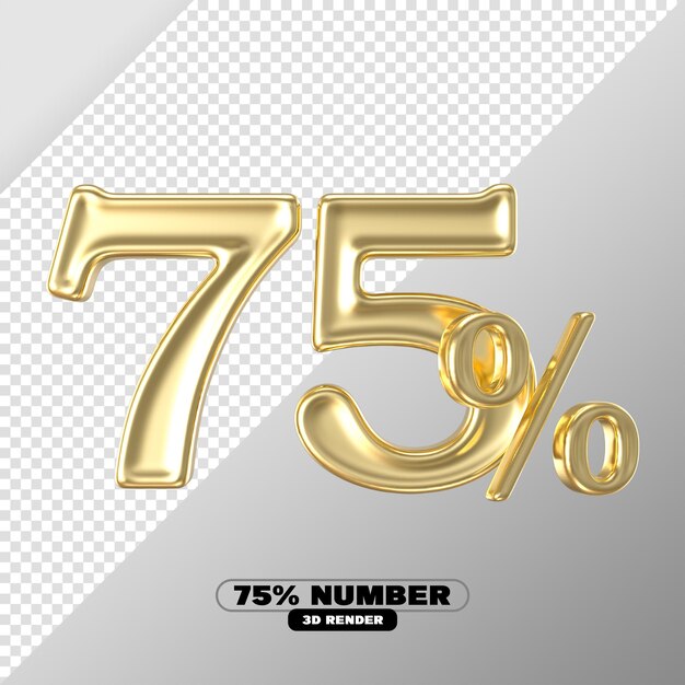 Porcentaje número 75 Renderizado en 3D en oro