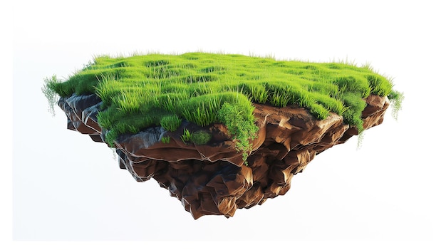 Porción de tierra flotante con superficie de hierba verde y sección de suelo textura de hierba terrestre flotante aislada