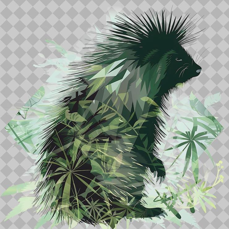 PSD porcupino dentro de una silueta selva de diamantes adornada con png acuarela diseños de animales