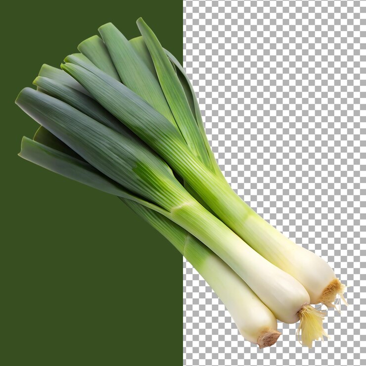 Porros frescos Un montón de verduras verdes sobre un fondo transparente