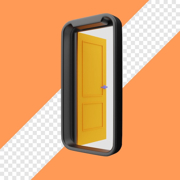 Porta 3d dentro da renderização da ilustração do smartphone com fundo transparente