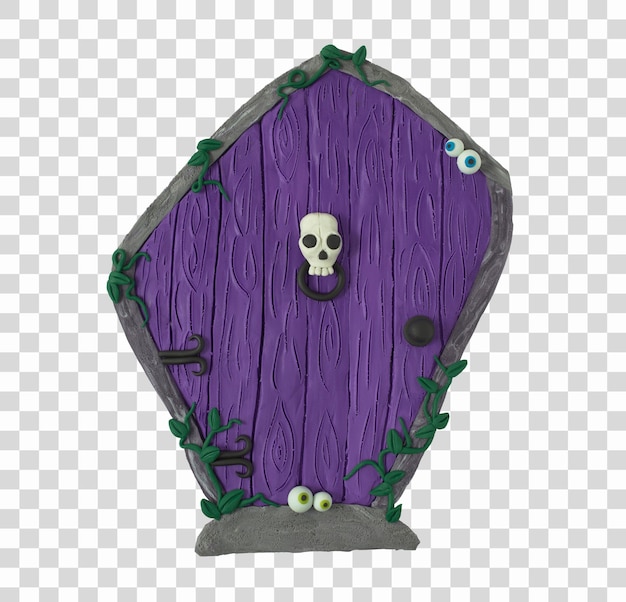 Porta de halloween de madeira roxa moldura deformada decorada com caveira e olhos brilhantes feito de plasticina