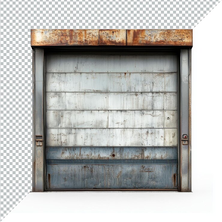 PSD porta industrial enrolável com uma estrutura metálica com uma superfície desgastada isolada sobre um fundo transparente porta industrial enrollável em estrutura metálico isolada em um fundo transparente