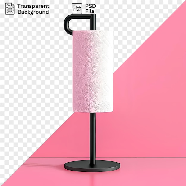 PSD portador de toalha de papel transparente em um suporte preto contra uma parede rosa com uma alça preta visível em primeiro plano