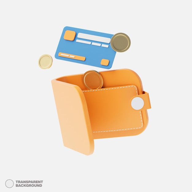 portafoglio 3d con carta di credito e monete icona pagamento online società senza contanti e portafoglio concetto cashback su sfondo bianco illustrazione 3d