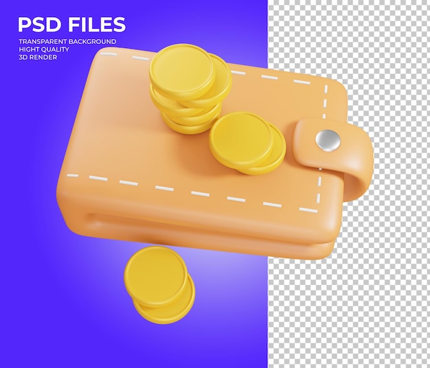 Portafoglio con contanti e monete 3d rendering semplice illustrazione
