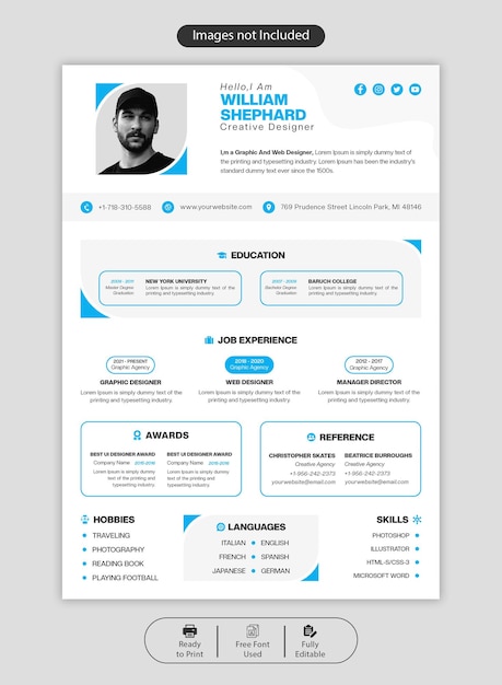 Portafolio de currículum o plantilla de CV limpio y moderno en PSD