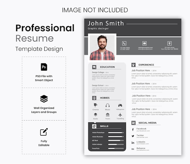 Portafolio de currículum o plantilla de CV limpio y moderno en PSD