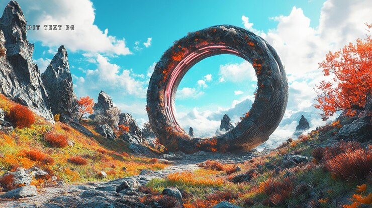 PSD portal de anillo de piedra futurista en el paisaje de otoño