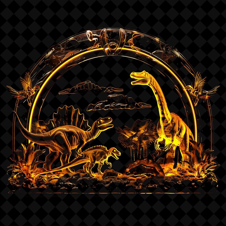 PSD portão do parque dos dinosauros com criaturas pré-históricas e fossilizado png y2k shape neon color collection